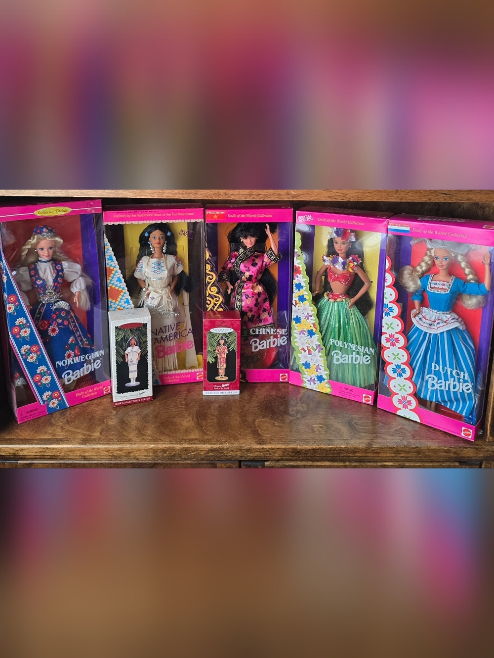 Lot of 5 Vintage 90s Mattel Barbie Dolls of the World + 2 Hallmark Ornaments NEW